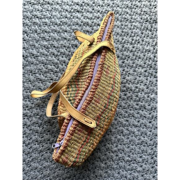 Vintage Woven Wicker Rattan Straw Handbag Tote Purse Bag Leather Straps - Picture 2 of 8